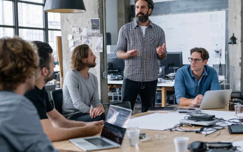 team_in_an_office_being_explained_something